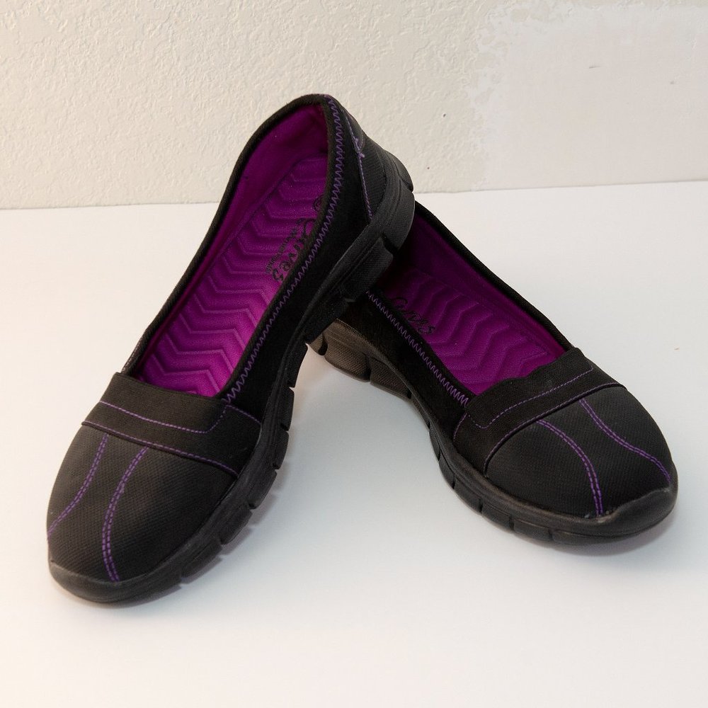 Curves Slip On Shoes, Black & Purple, Sz 8.5, like new